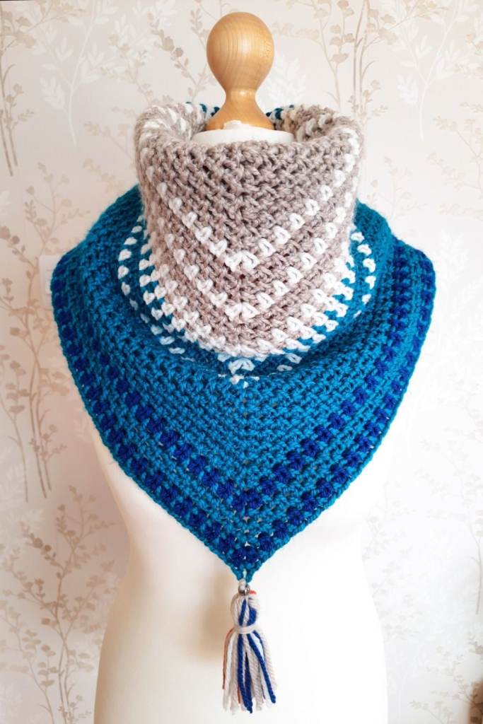 Handmade Warm Shawl for Winter. Striped Knitted Shoulder Wrap. Boho Chunky Crochet Accessory Tassels