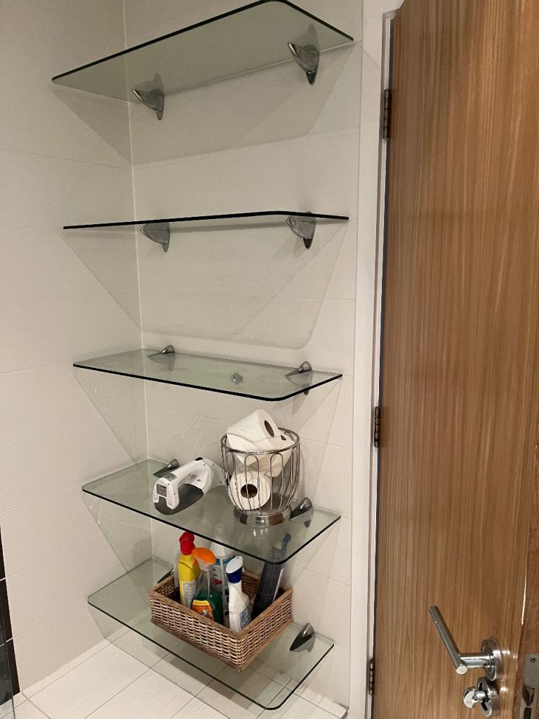 Glass Bathroom Shelves with Chrome Brackets – Good Condition
