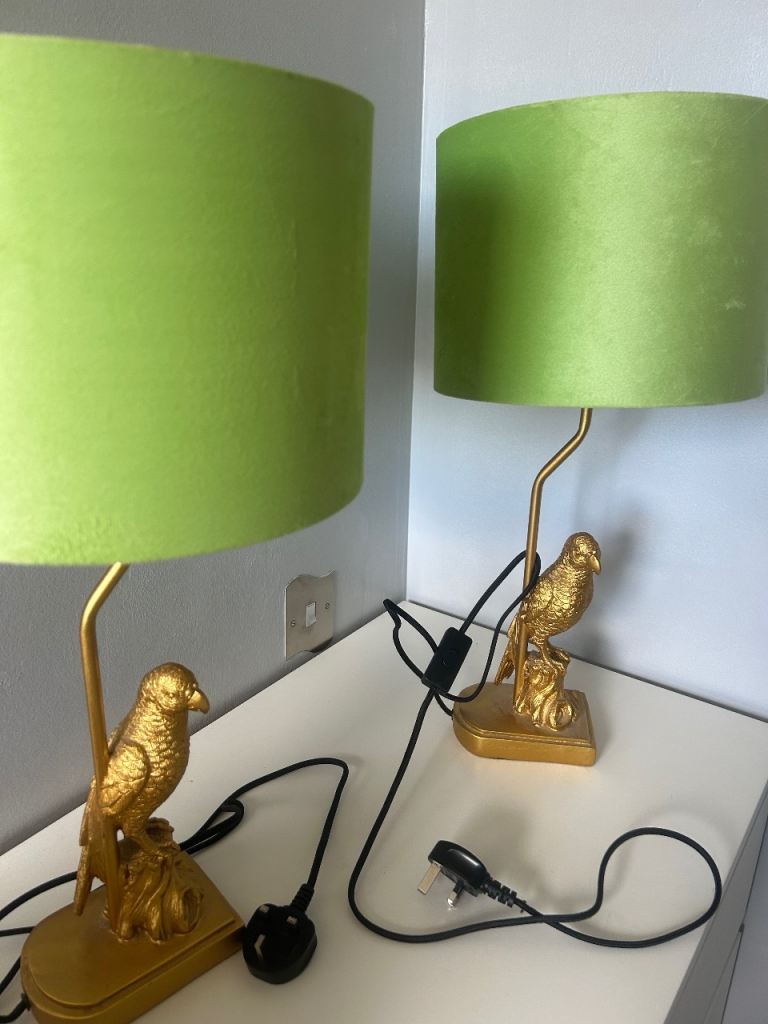 Pair of Parrot Base Table Lamps with Green Shades
