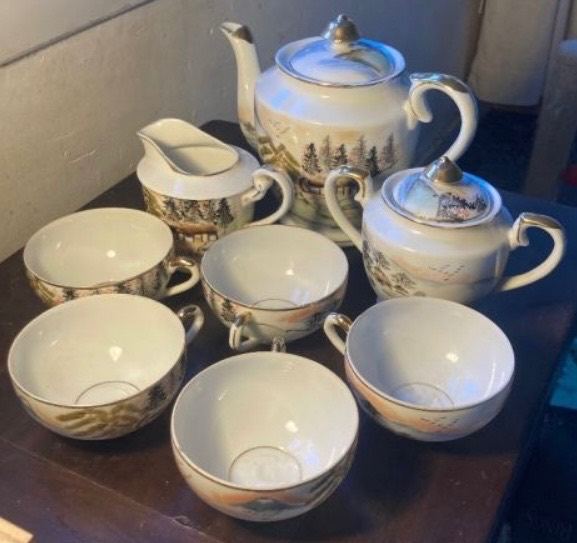 Vintage Japanese Tea Set with Scenic Design – Good Condition