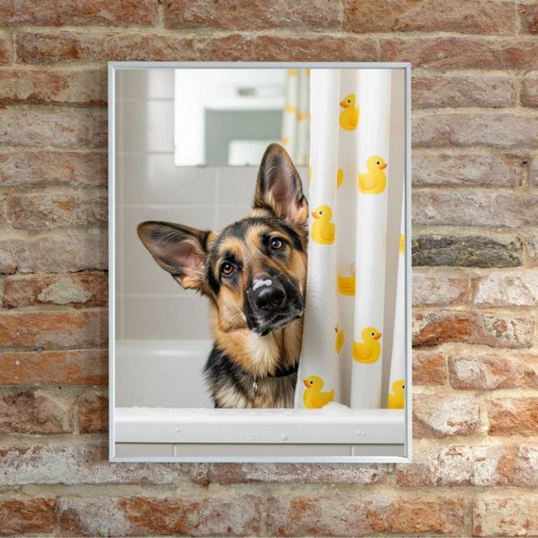 Fun Dog in Bath Picture - Black Frame