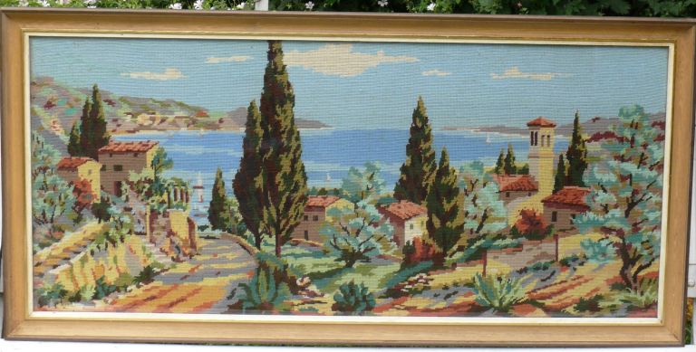  Mediterranean Tapestry , All hand done, framed. Collect item only because size and glass.