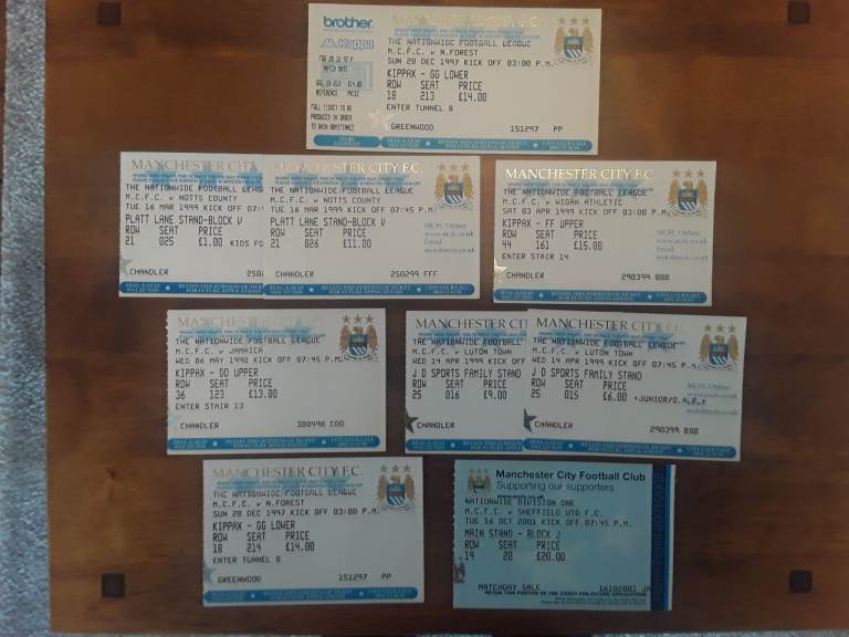 A Collection Of 9 Man City Football Ticket Stubs In Excellent Condition