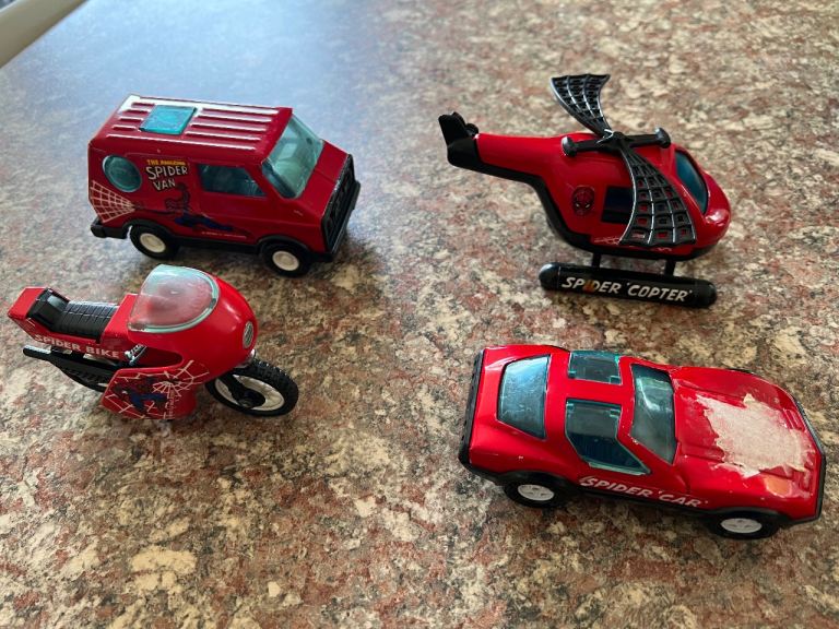 Vintage Spiderman Buddy L Corp 1980, Spider Van, Copter, Car & Bike