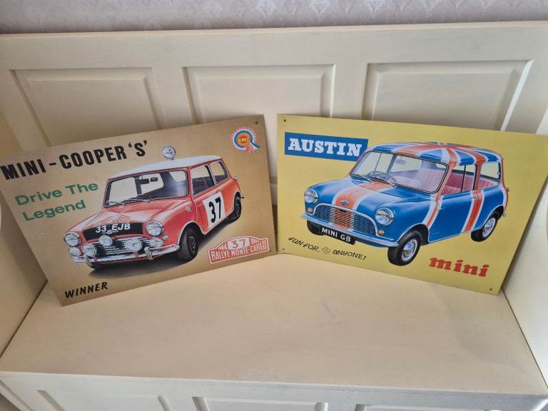 Pair of Mini Cooper Metal Advertising Signs – Good Condition