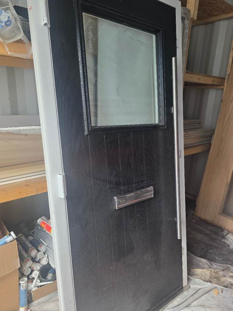 Black Composite Front Door with Glass Panel – Good Condition