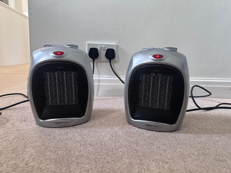 Pair of Amazon Basics Ceramic Space Heaters – Silver, Good Condition