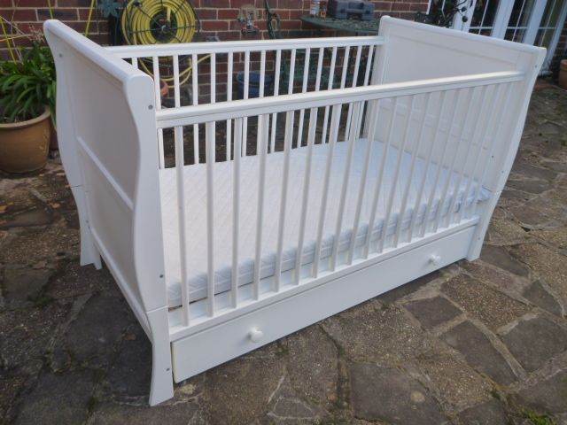 White Sleigh Cot Bed with Drawer & Mattress 