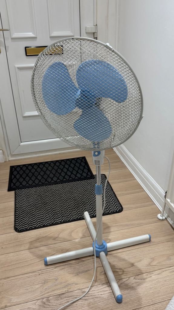 White & Blue Pedestal Fan - Good Working Order