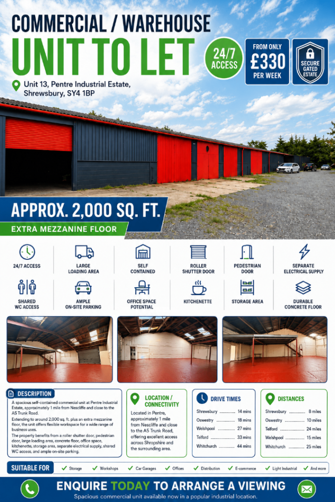 Commercial Unit Near Shrewsbury, Oswestry & Wrexham – 2,000 sq ft + Mezzanine – 6 Weeks Rent Free