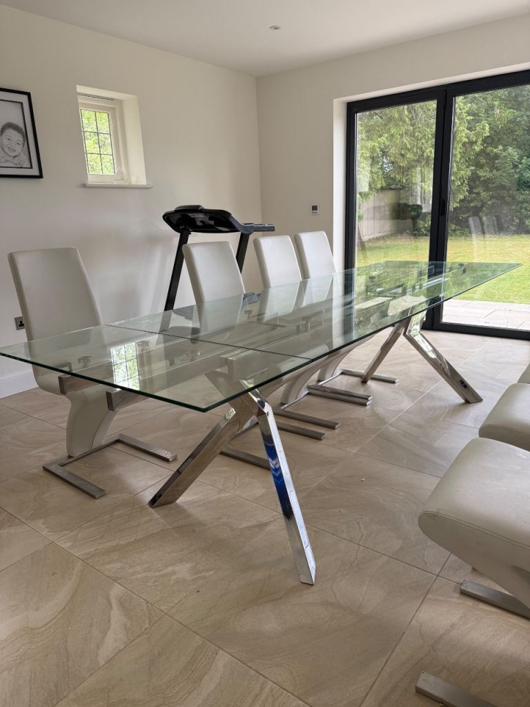 Glass Dining Table and 6 White Chairs – Good Condition