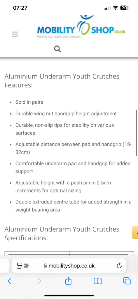 Aluminium Underarm Youth Crutches, walking aids