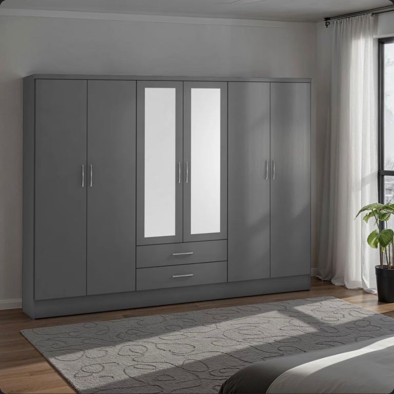 Cascio 6 Door Wardrobe with Mirrored Doors – Grey, New
