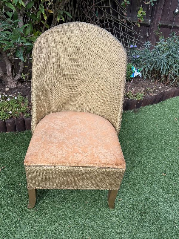 Vintage Gold Woven Storage Stool / Chair with Upholstered Seat