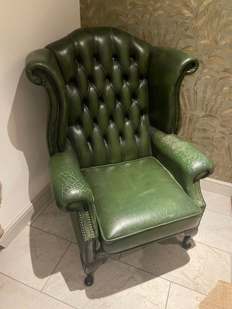 Beautiful Green Leather Chesterfield Winged arm chair QUEEN ANNE