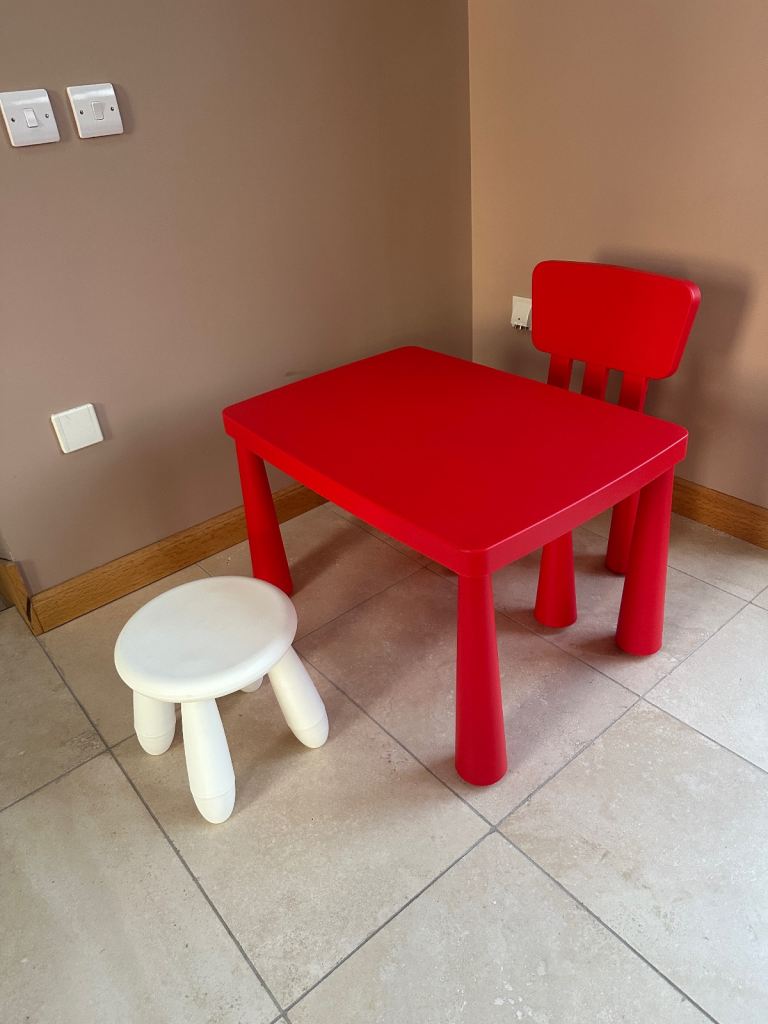Red Ikea Mammut Children's table, in/outdoor, plus chair and stool