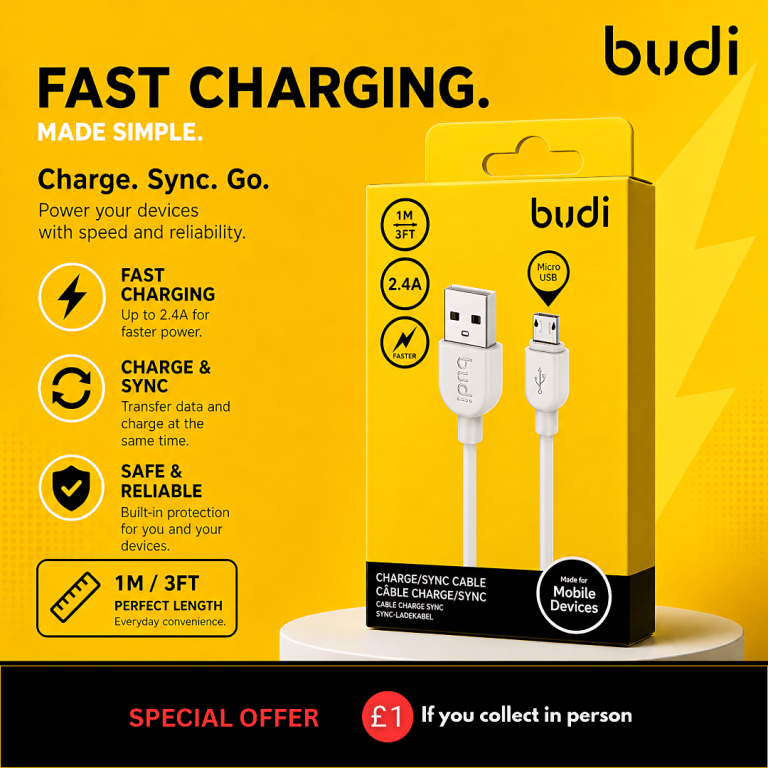 Budi Micro USB Charger Cable 1M 2.4A Fast Charging Data Sync Lead for Android
