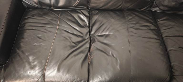 Real Leather Corner Sofa, 2 Seater + 1 Seater Black Leather Sofa