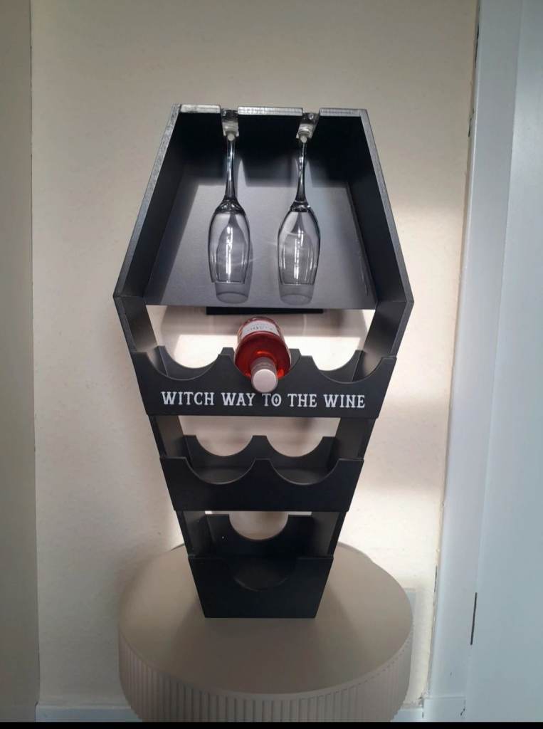 Unique Coffin Wine Rack - Holds 6 Bottles & Glasses
