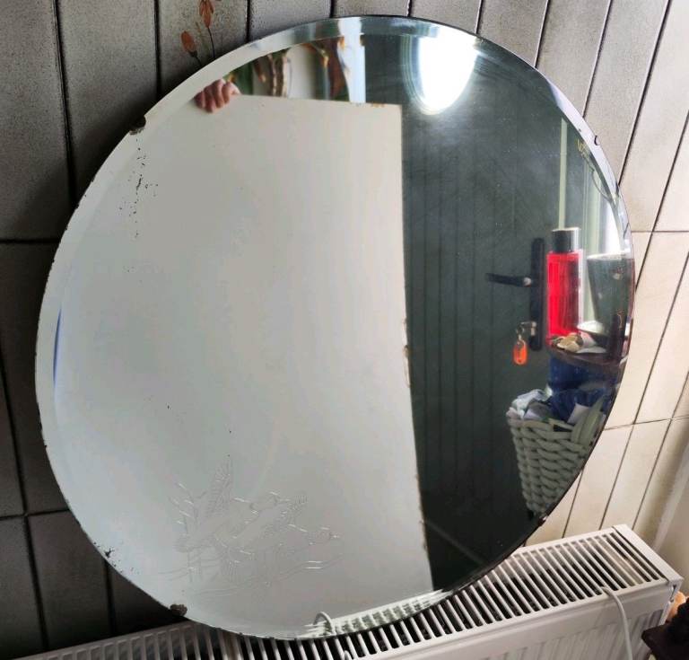 Vintage Art Deco Bevelled Edge Hanging Mirror flying ducks On Chain round etched