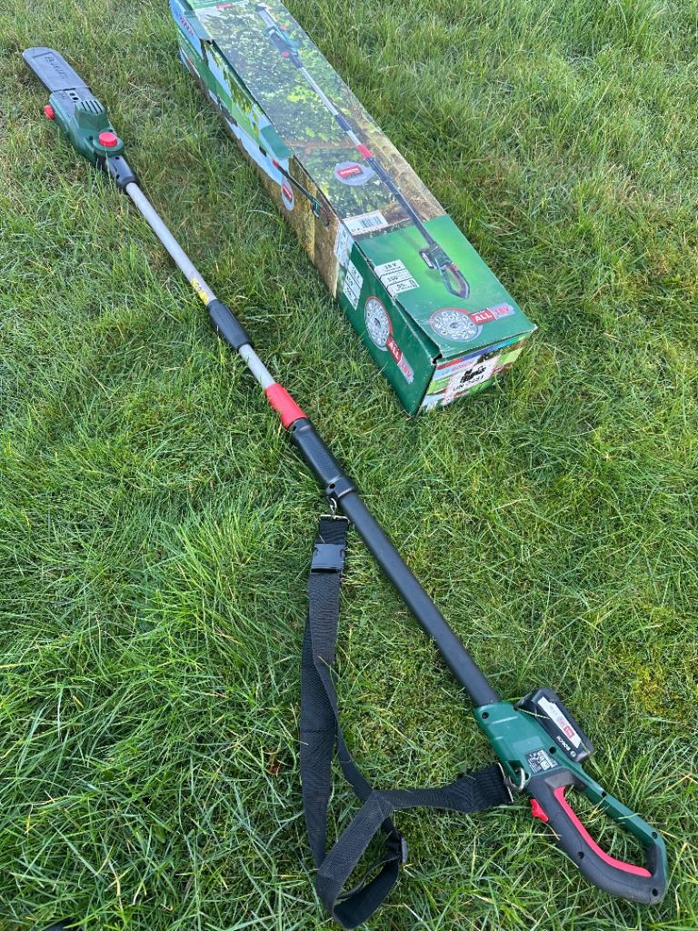 Long reach pole chainsaw extendable cordless Bosch 18volt range saw lawnmower mower trimmer cutter