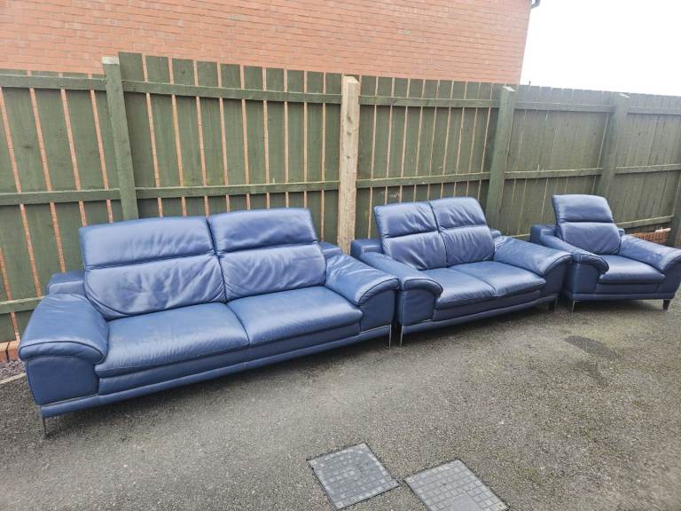 Blue leather 3 2 1 sofa set with moveable headrest 
