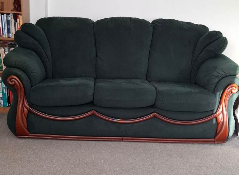 FREE Green Fabric Sofa with Wooden Trim – Good Condition