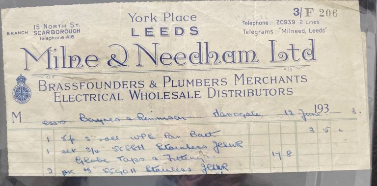 Vintage Milne & Needham Ltd Invoice – Yorkshire Brassfounders