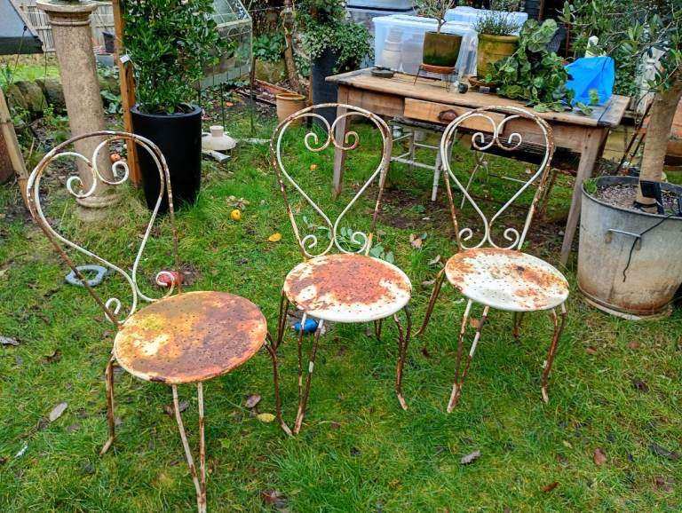 Set of 3 Beautiful Antique French Iron Garden Chairs