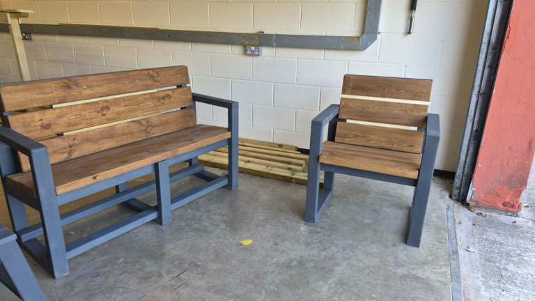 Good Condition Wooden Garden Bench with Grey Metal Frame