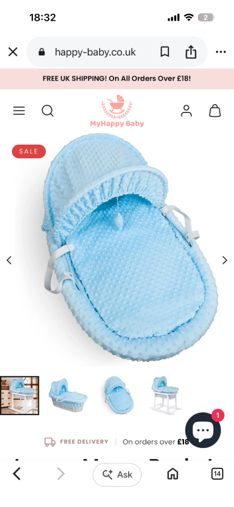 New MyHappy Baby Blue Moses Basket with Hood and Mattress
