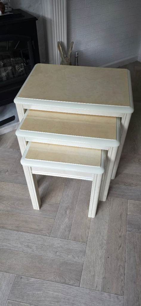 PICK UP DEREHAM .... Nest of 3 Wooden Tables – Cream/White, Good Condition