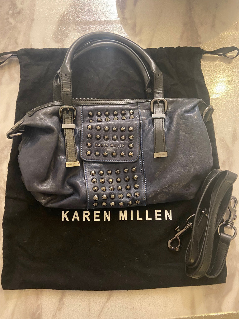 Karen Millen Black and Navy Studded Women's Handbag Real Leather Crossbody Strap