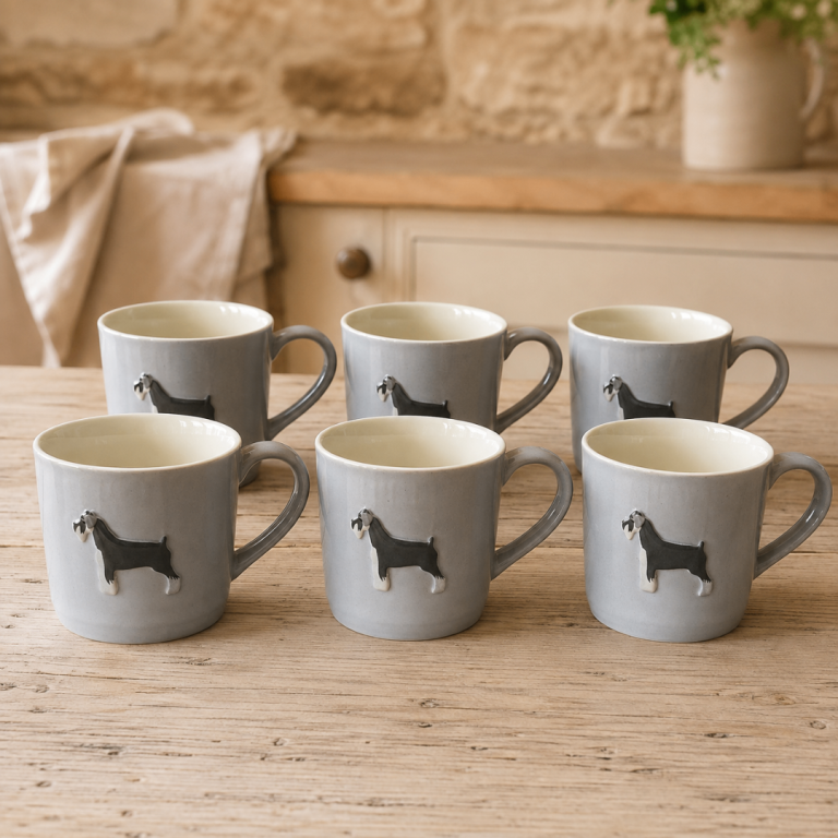 Set of 6 New Grey Ceramic Schnauzer Mugs
