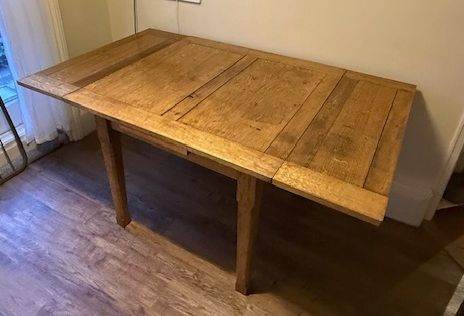 Solid oak handmade 1950s dining table with two leaves; FREE to a good home