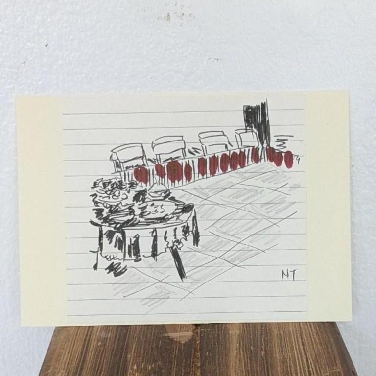 Original Pen Drawing On Paper 'Getting The Buffet Ready'  