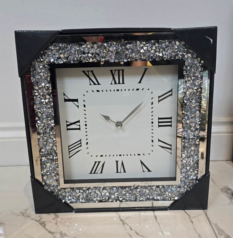KARINA BAILEY Inspired 35cm Square Crushed Jewel Wall Silver Mirrored Diamante Clock