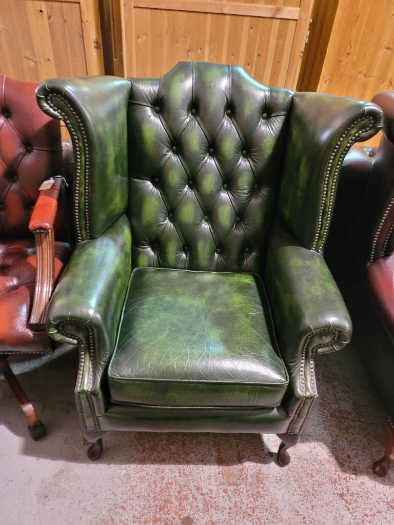 Green Leather Chesterfield Armchair - Good Condition