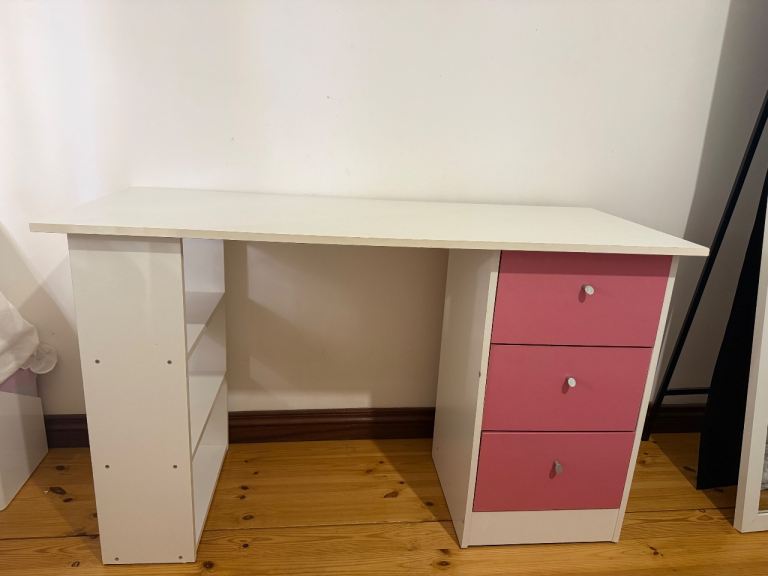 White & Pink Desk with Drawers and Shelves