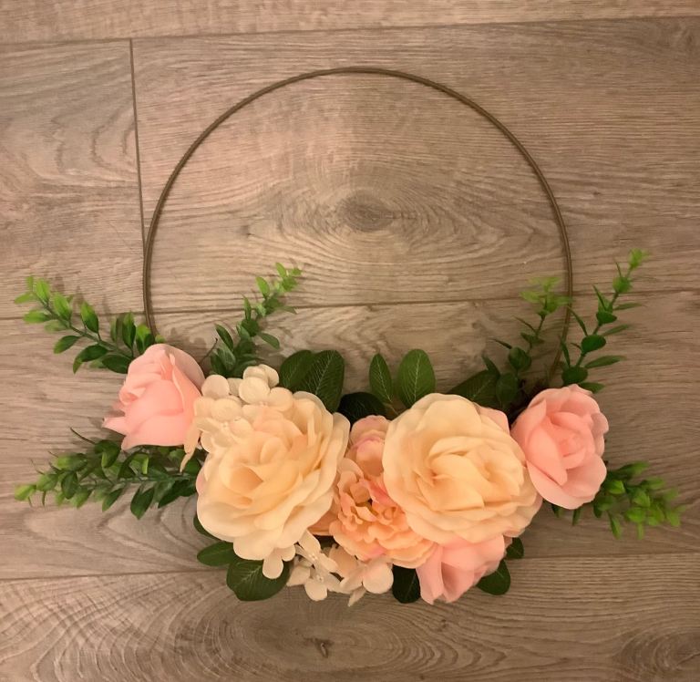 Lovely Artificial Flower Hoop/Wreath Decoration – Pink & Cream roses with green foliage