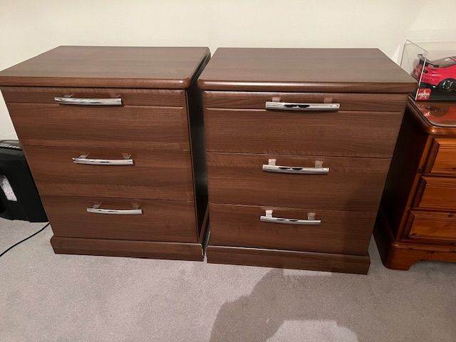 Pair of Large Bedside Nightstands in Dark Oak Colour with 3 Easy Slide Drawers.