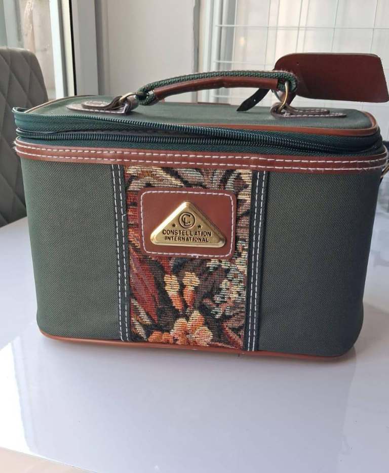 image for Vintage 1980s Constellation Vanity Case Green Tapestry, Women's Canvas Travel Bag & Hand Luggage