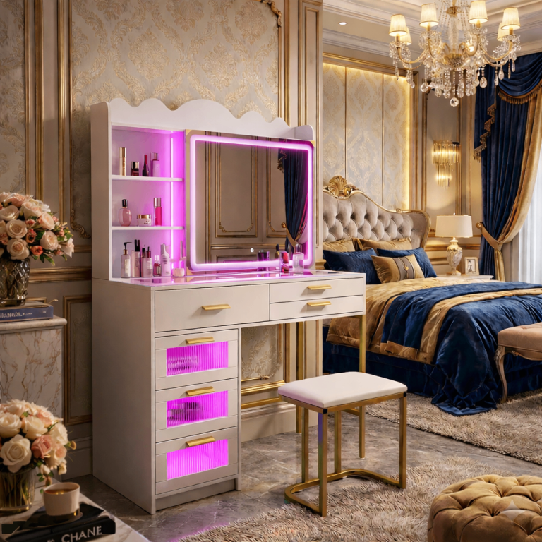 LED White Dressing Table with Stool – Vanity Mirror, 6 Drawers, USB Charging & Power Socket