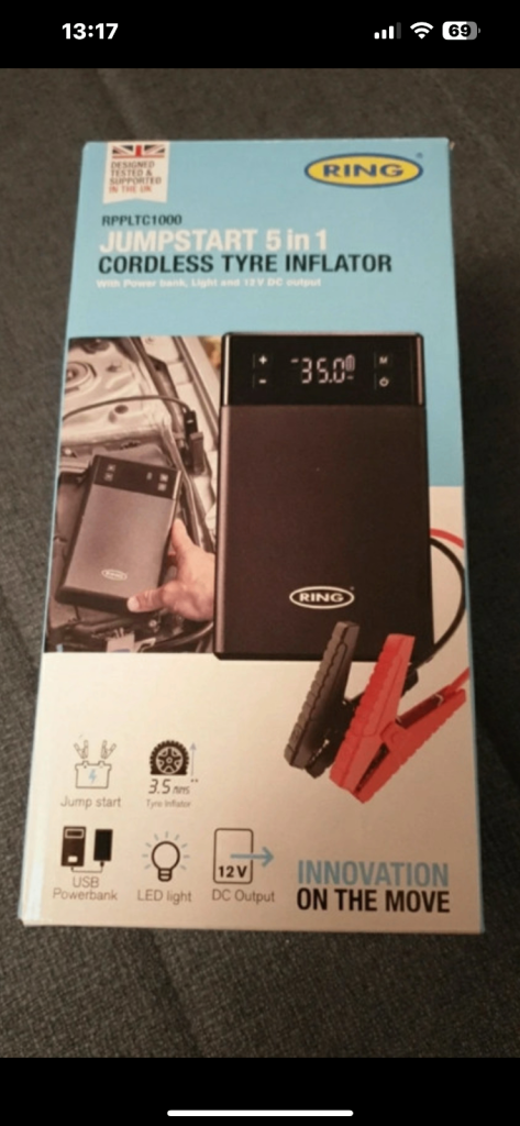 RING Jumpstart 5 in 1 Cordless Tyre Inflator&jump starter Brand NEW