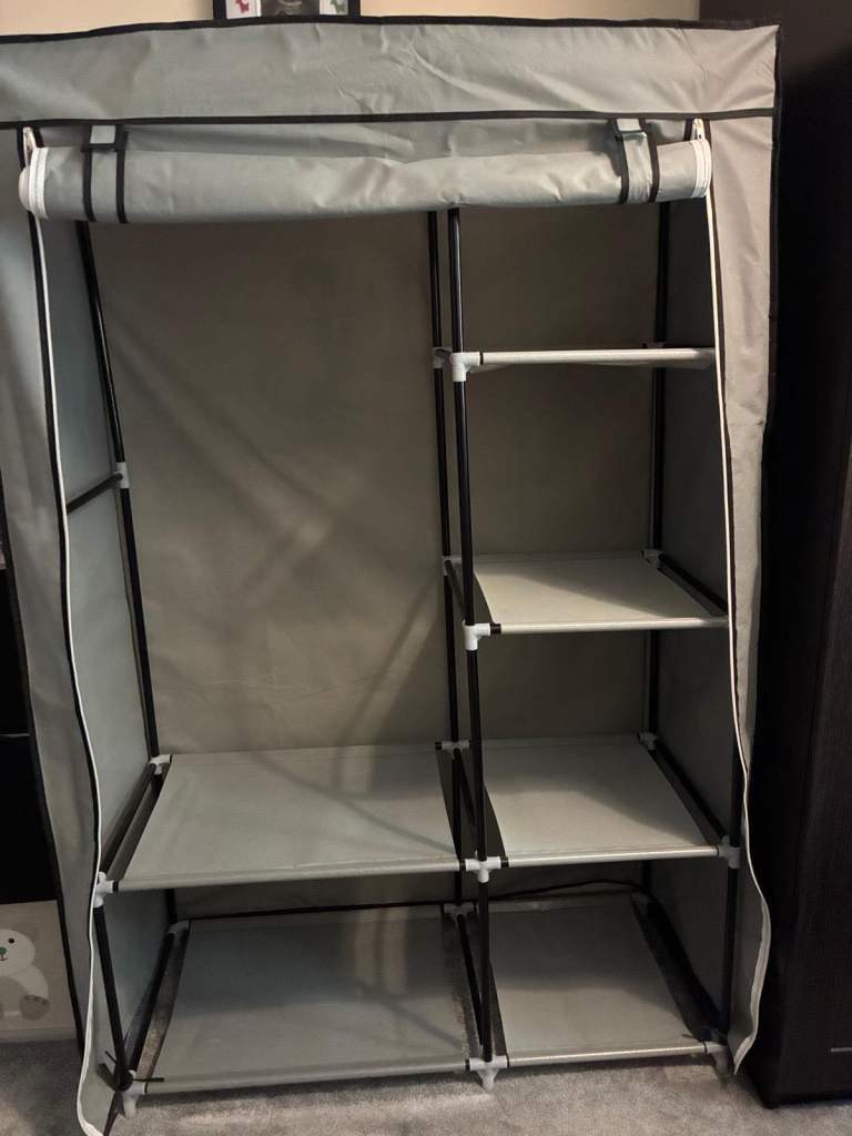 Fabric Wardrobe with Shelves – Grey, Good Condition