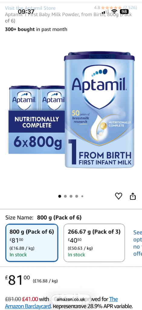 14 pre made small aptimal milk bottles and 6 large tubs of aptimal stage 1 baby milk powder