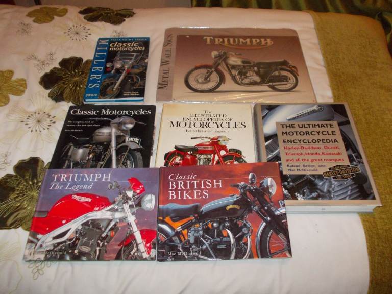CLASSIC MOTOR BIKE BOOKS AND TRIUMPH STEEL PLAQUE