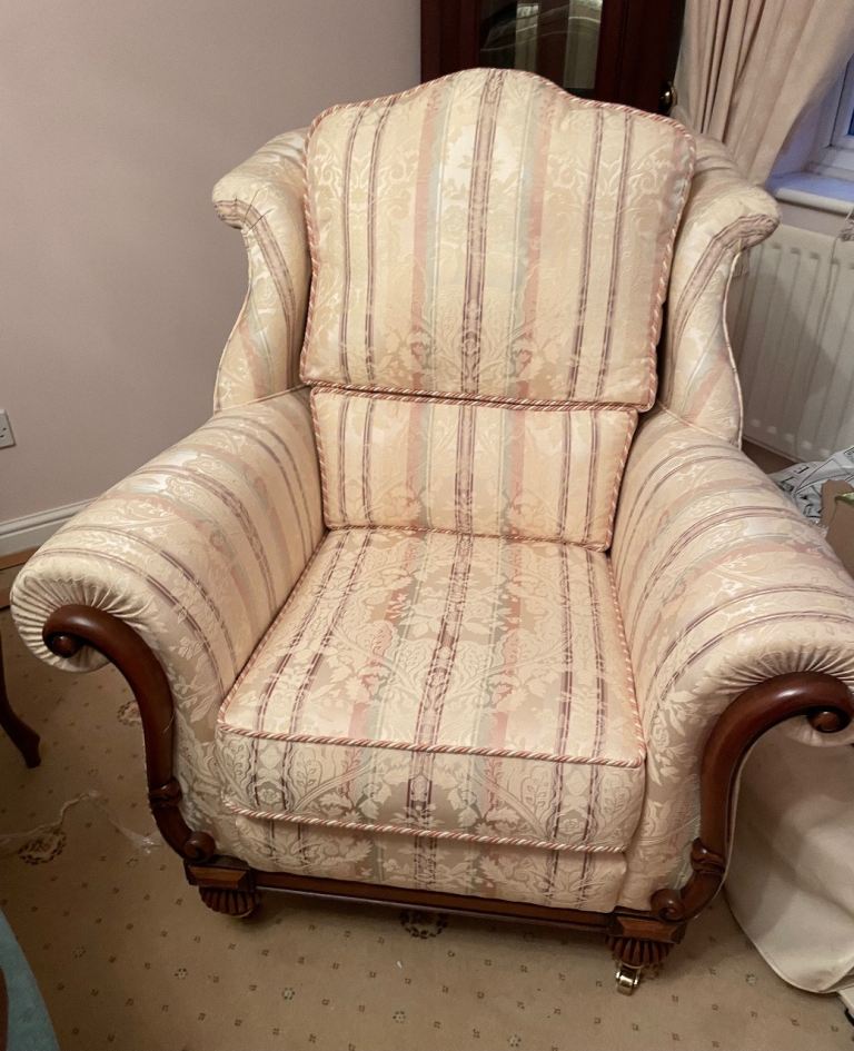 Free Comfortable Fabric Armchair with Wooden Arms – Good Condition