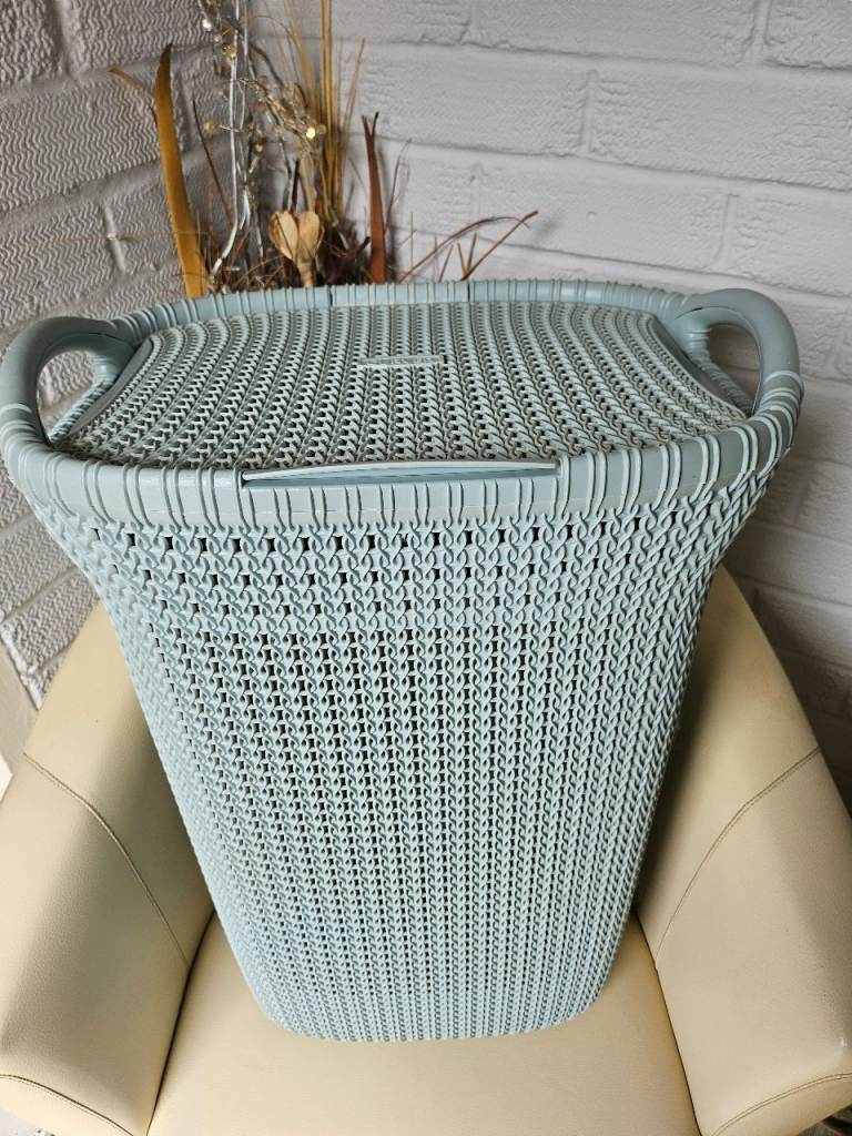 Light Green Plastic Laundry Basket with Lid – Good Condition