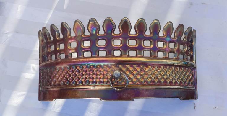 Cast Iron fire front grate, fret, iridescent coated enamel, excellent condition for age